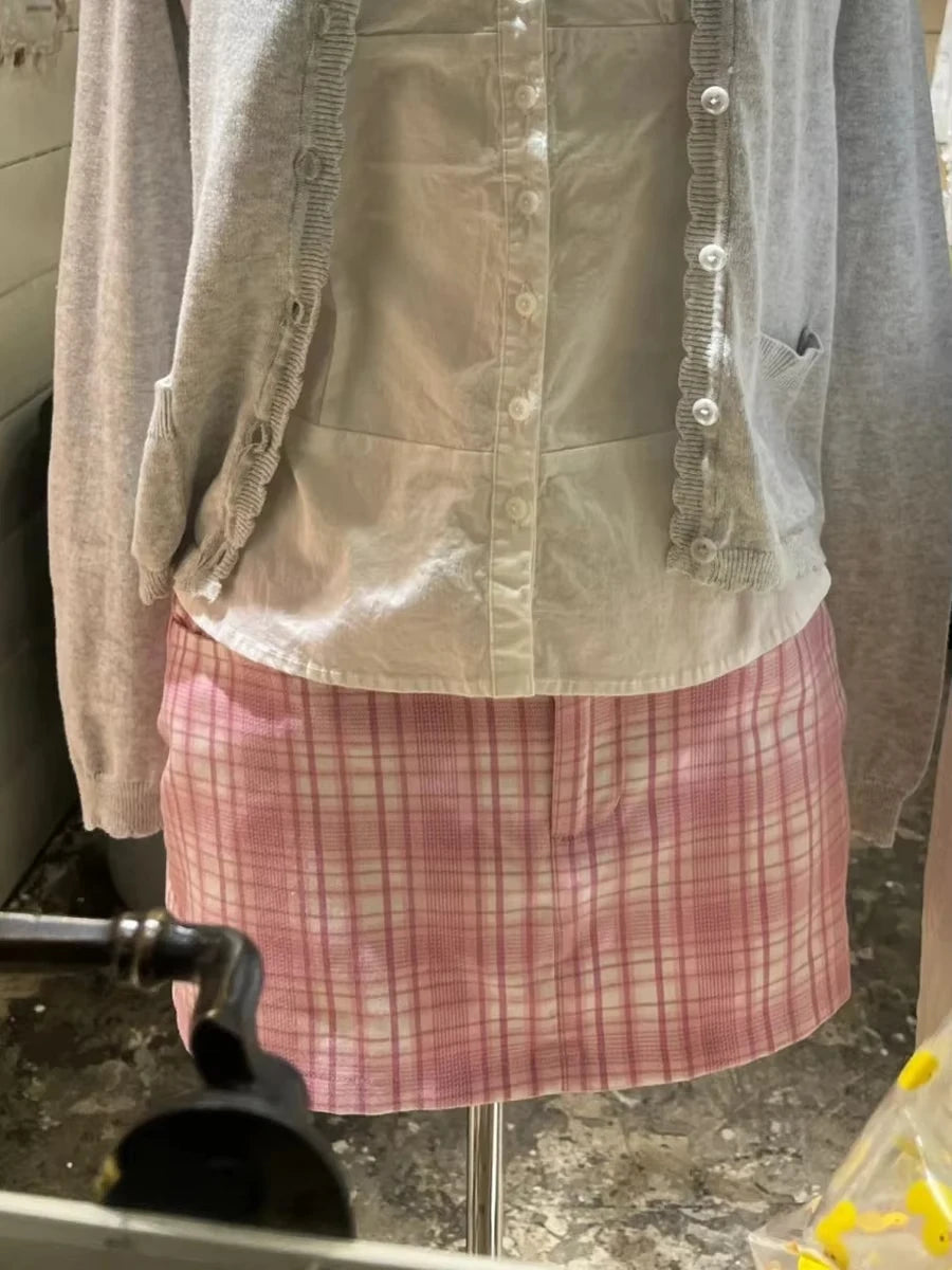 Sweet Pink Plaid Mini Cargo Skirts Women Summer Streetwear Casual Cotton Slim Sexy Low Rise Skirt Preppy Style Cute Y2K Falda