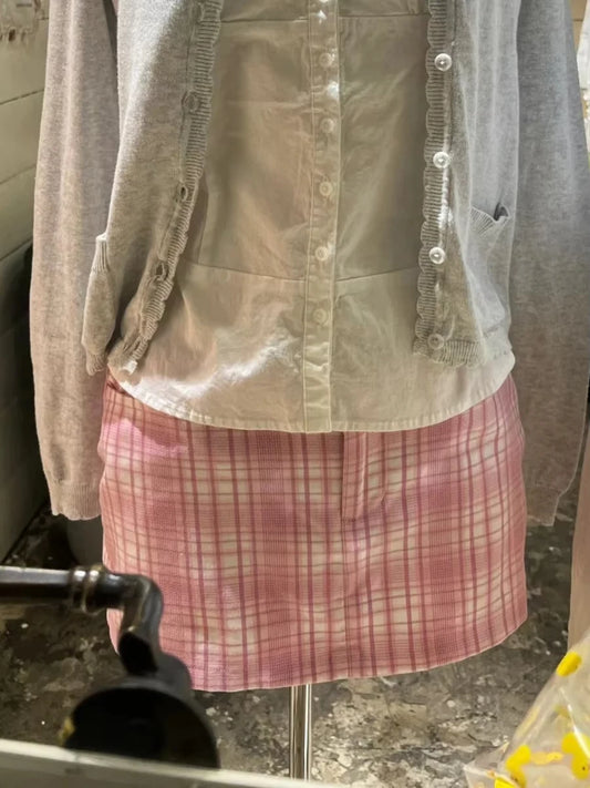 Sweet Pink Plaid Mini Cargo Skirts Women Summer Streetwear Casual Cotton Slim Sexy Low Rise Skirt Preppy Style Cute Y2K Falda