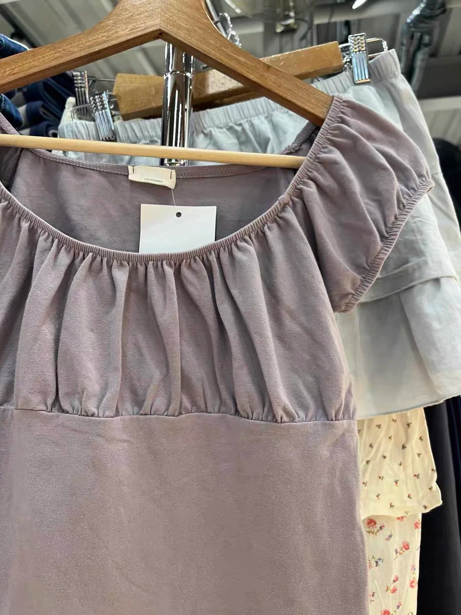 Purple Ruffle Slim Short Sleeve Tee Women Summer Square Collar Cotton Mesh Folds T-shirts Female Aesthetic Sweet Cute Y2K Tops