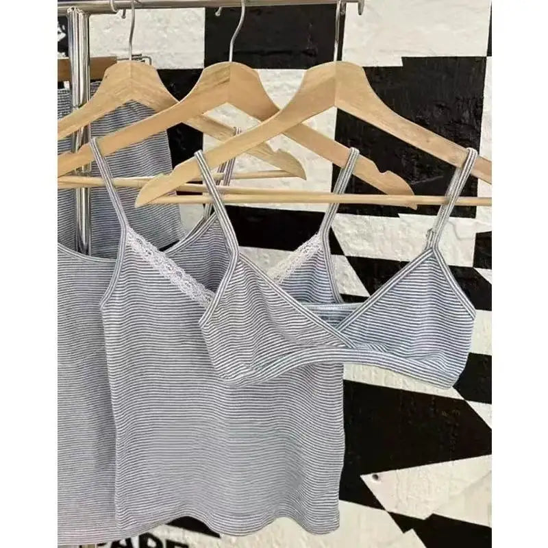 Blue Striped V-neck  Slim Bra Top Women Summer Cotton Sexy Camis Tank Tops Female Cute Y2K Clothes Sweet Preppy Style Home Vest