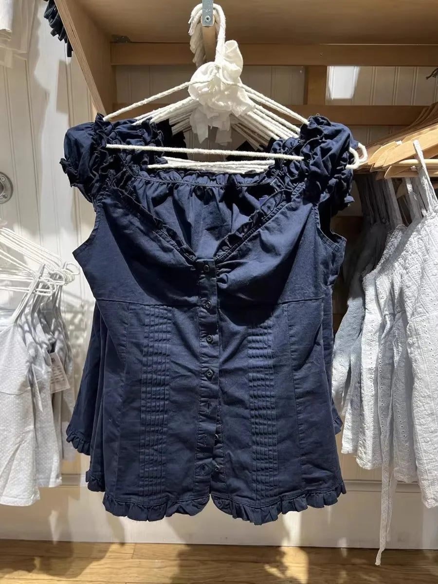 Navy Folds BUttons Blouse Top Women New Casual Single Breasted Ruffle Sleeveless Tank Tops Vest Vintage Sweet Preppy Style Camis