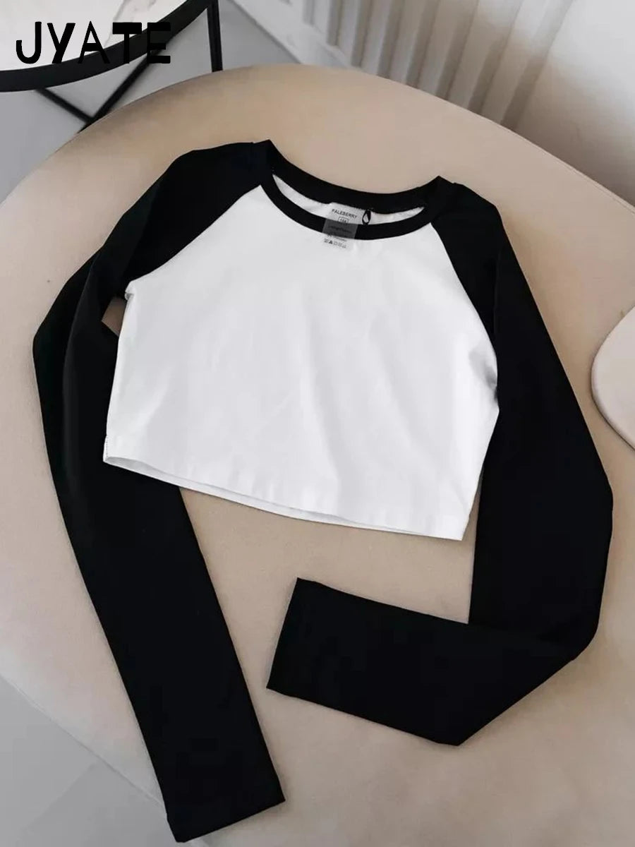Fashion Ribbed Patchwork Long Sleeve Tees Women New Casual Streetwear Basic Pullover Crop Tops Vintage Preppy Style T-shirts Y2K