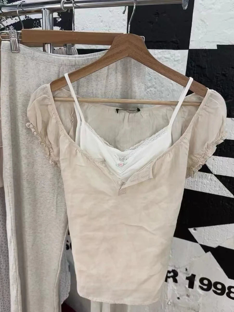 Pink Lace-up Ruffles Sleeve Tees Women Summer Simple Casual Flax Cotton U-neck Buttons Tops Sweet Preppy Style T-shirts Y2K New