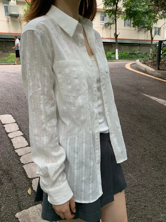 Linen Cotton Collar Buttons Blouse T-shirts Women Slim Casual White Long Sleeve Tees Girls Sweet Cute Preppy Style Y2K Crop Tops