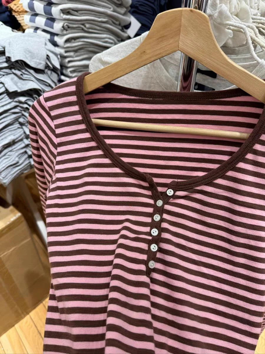 Fashion Striped Long Sleeve T-shirt Women Spring Six Buttons O-Neck Cotton Slim Pink Brown Tee Sweet Preppy Style Tshirt Y2k Top
