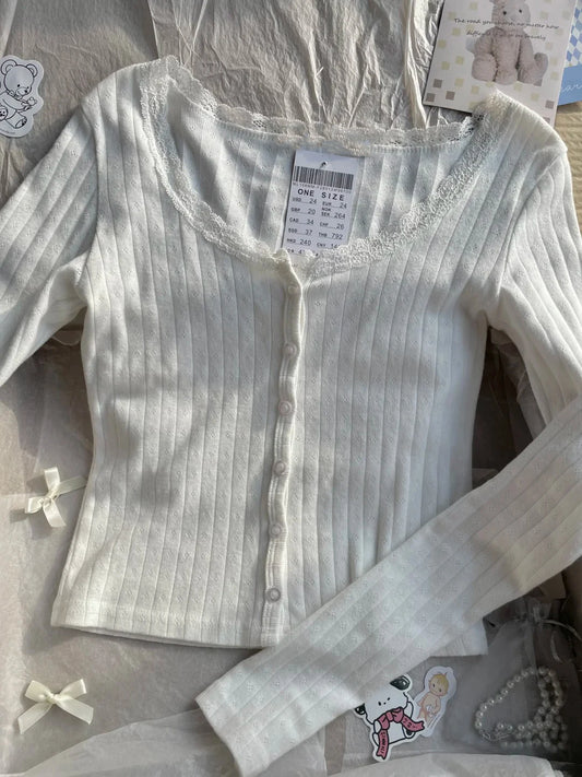 Eyelet Lace Trim Button T-shirts Women Casual Simple Basic Cotton Slim Long Sleeve Cardigan Tees Sweet Chic All-match Tshirts