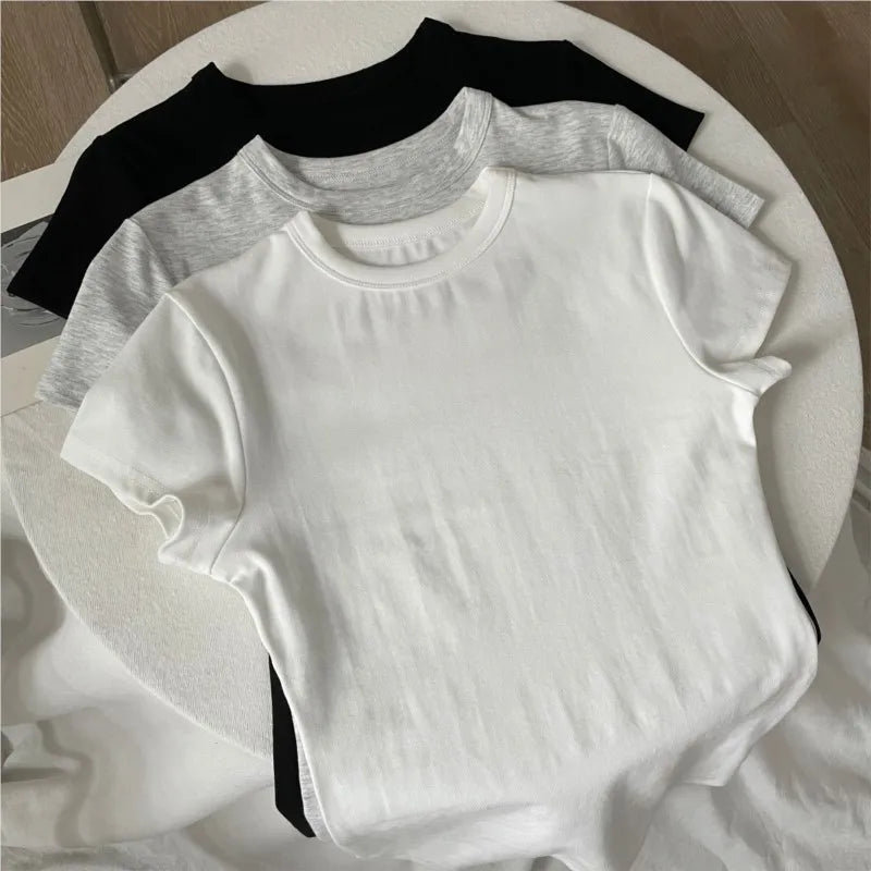 Pink O-neck Cotton T-shirts Women Summer New Streetwear Casual Basic Slim Short Sleeve Tees Simple All-match Tshirt Y2K Tops