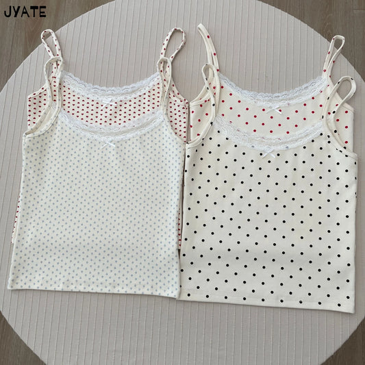 Cute Print Lace Trim Bow Tank Tops Women Cotton Casual Slim Sleeveless Crop Top Female Sweet Preppy Style Camisole Y2K Clothes