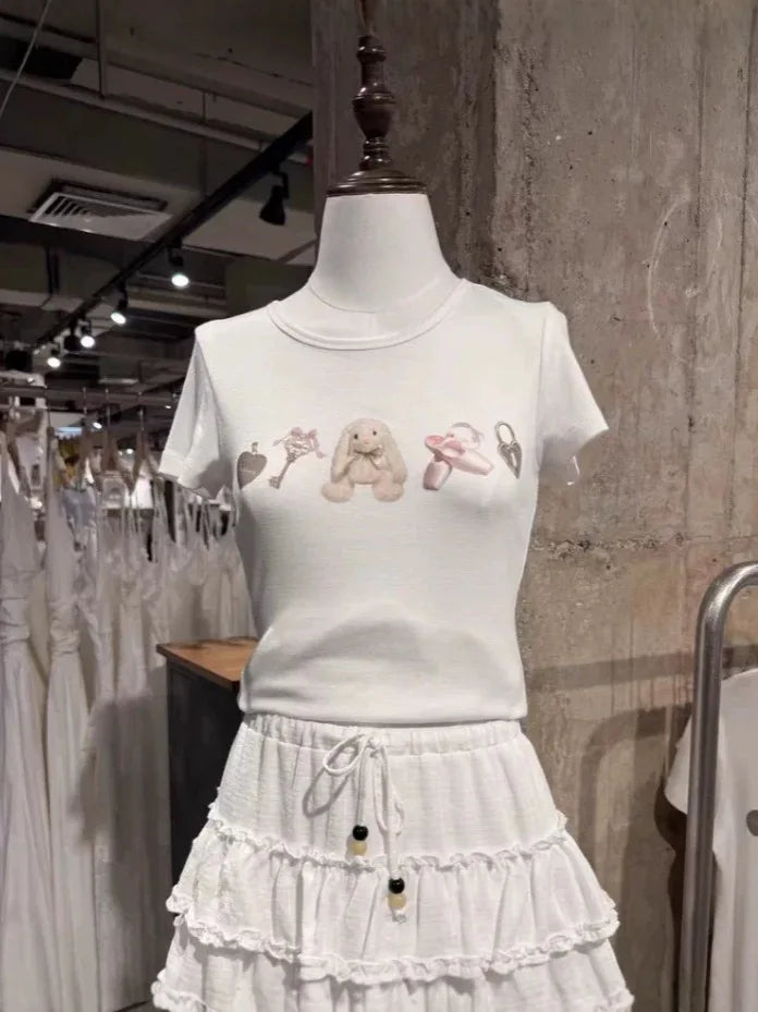 Cartoon Print Slim T-shirts Woman Summer Casual O-neck Cotton Short Sleeve T-shirts Female Cute Sweet Preppy Style Tee Tops y2k