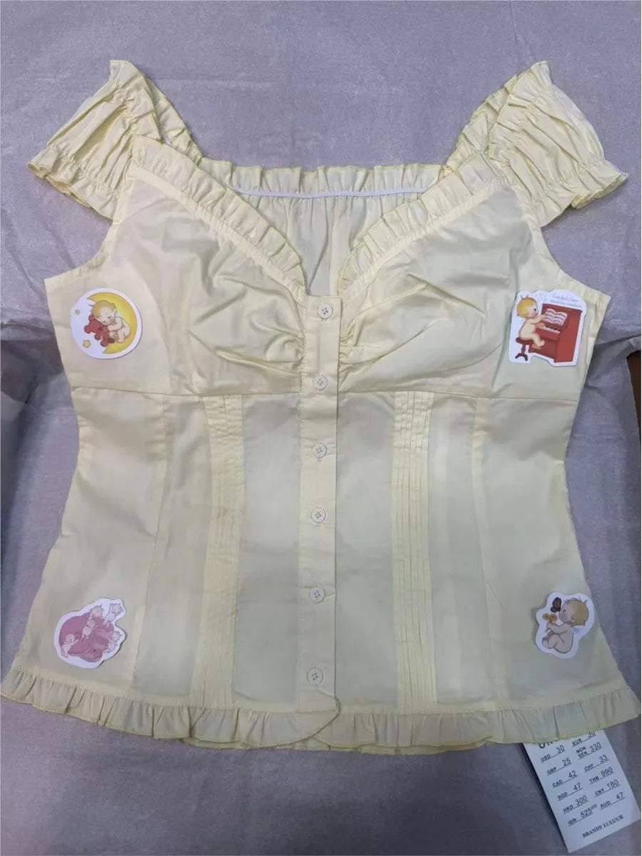 Yellow Sweet Folds Blouse Top Women Casual Single Breasted Ruffle Sleeveless Tank Tops Vest Cute Casual Preppy Style Camis Y2K