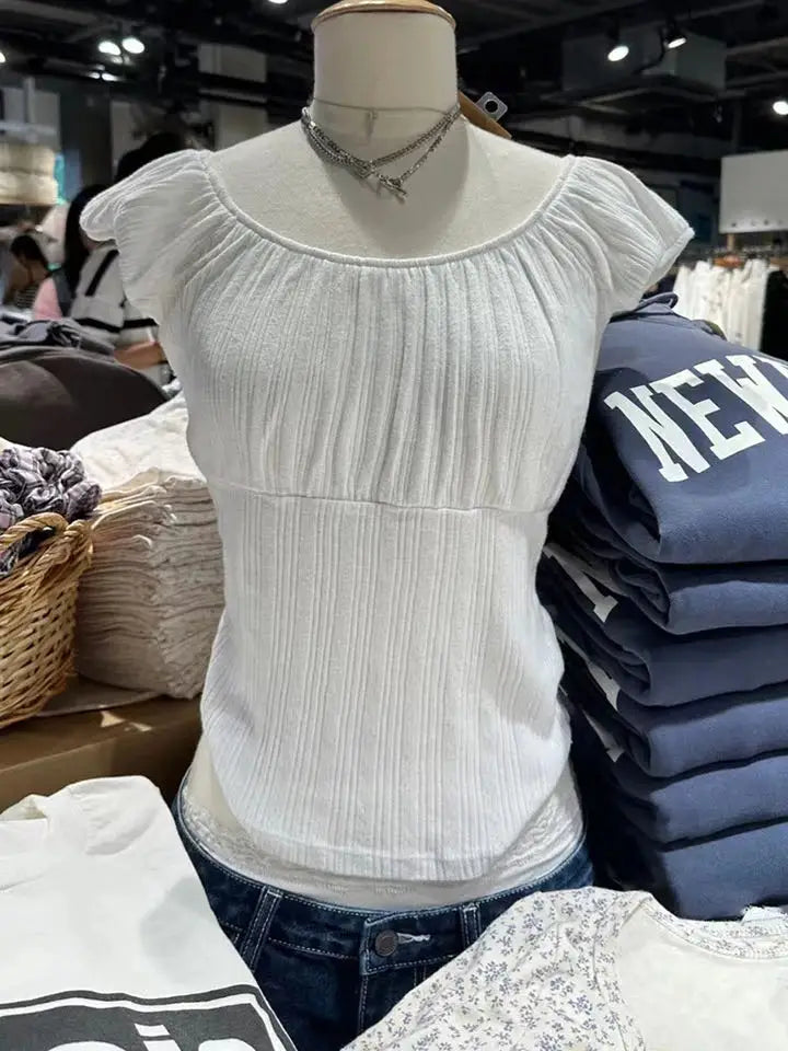 Mint Green Folds Slim T-shirts Women Summer Vintage Square Collar Cotton Puff Sleeve Tees Female Aesthetic Sweet Cute Y2K Tops