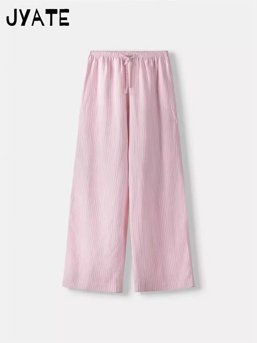 Pink Striped Casual Drawstring Long Pants Women Summer New Chic Streetwear Classic Straight Pant Sweet Cute Vintage Trousers Y2K
