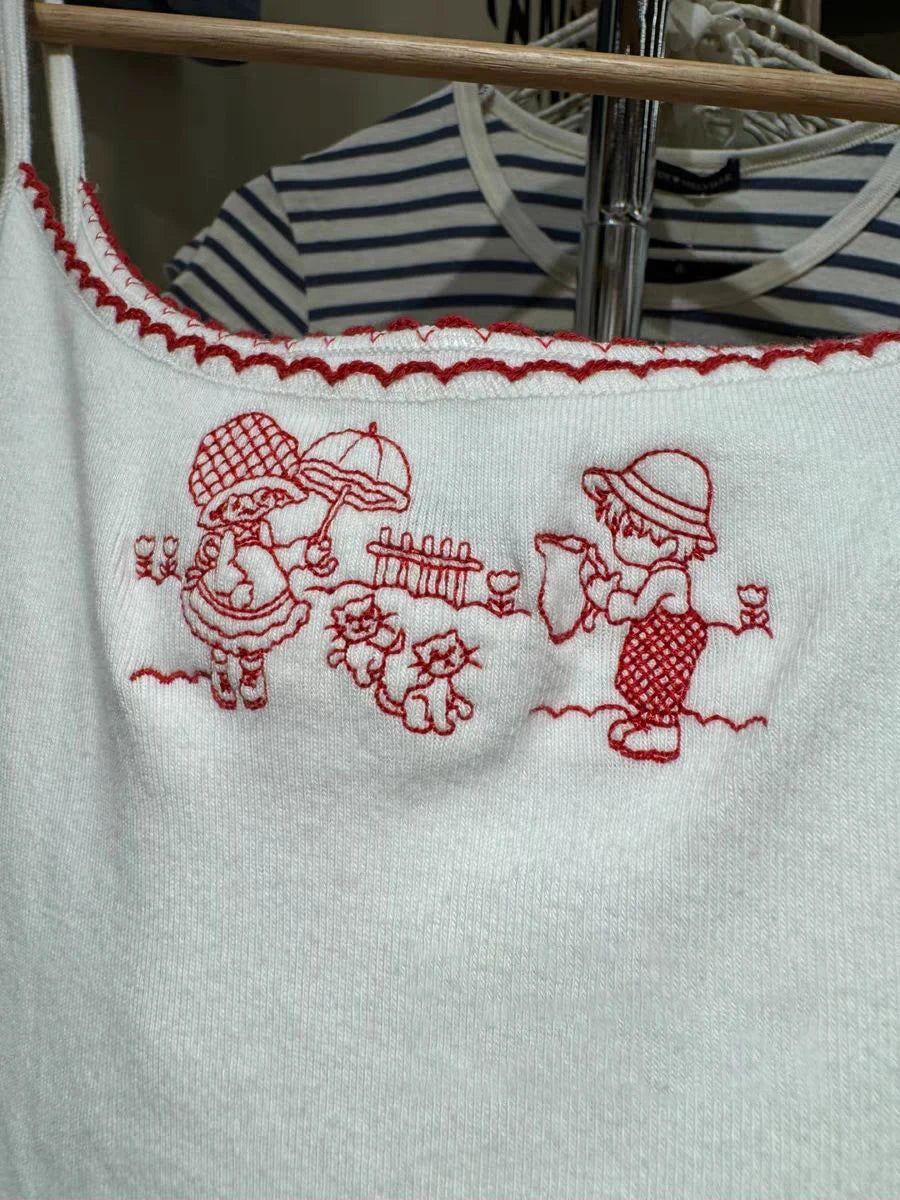 Cute Girls and Cats Embroidery Tank Top for Women Summer Cotton Lace Trim Sleeveless Camisole Sweet Preppy Style Top T shirt Y2K