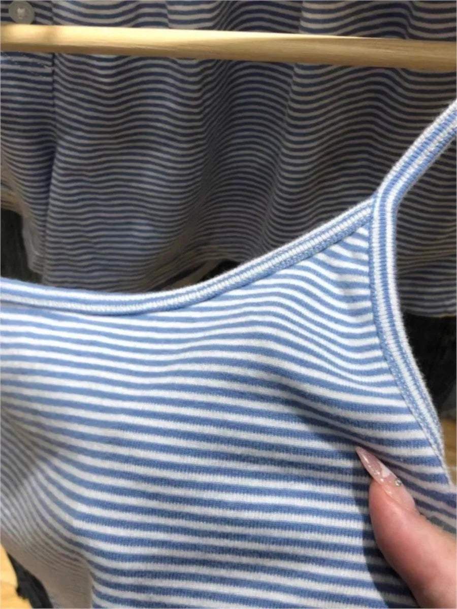 Striped Blue Home 2 Piece Sets Women Cotton Sleeveless Crop Top+Elastic Waist Straight Short Pant Vintage Tank Shorts Pajama Set