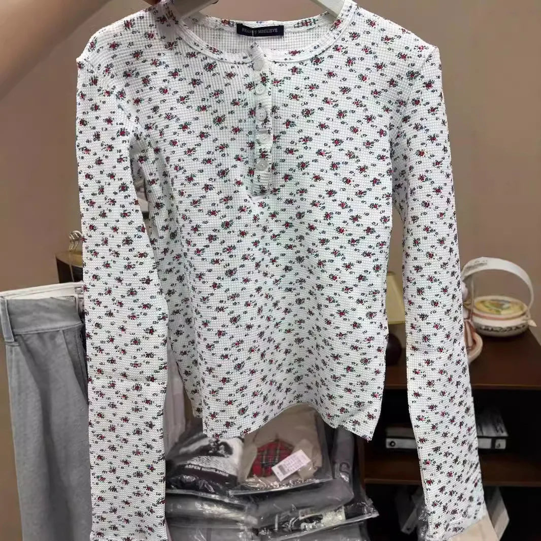 Navy Eyelet Long Sleeve T-Shirt Autumn Three Buttons O-Neck Simple Slim Tee Top for Women Sweet Cute Basic Tshirt Y2k Tops New