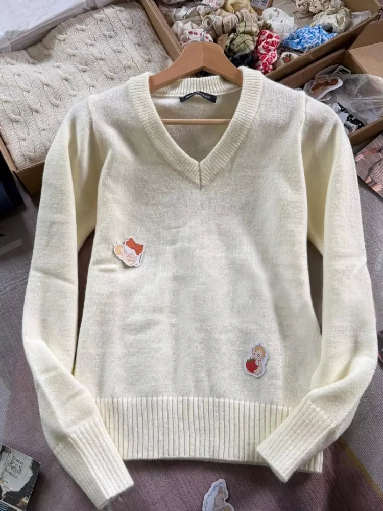 Beige V-neck Knitted Sweater Women Fall Winter Casual Soft Long Sleeve Jumper Tops Sweet Simple Basic Sweaters Female New