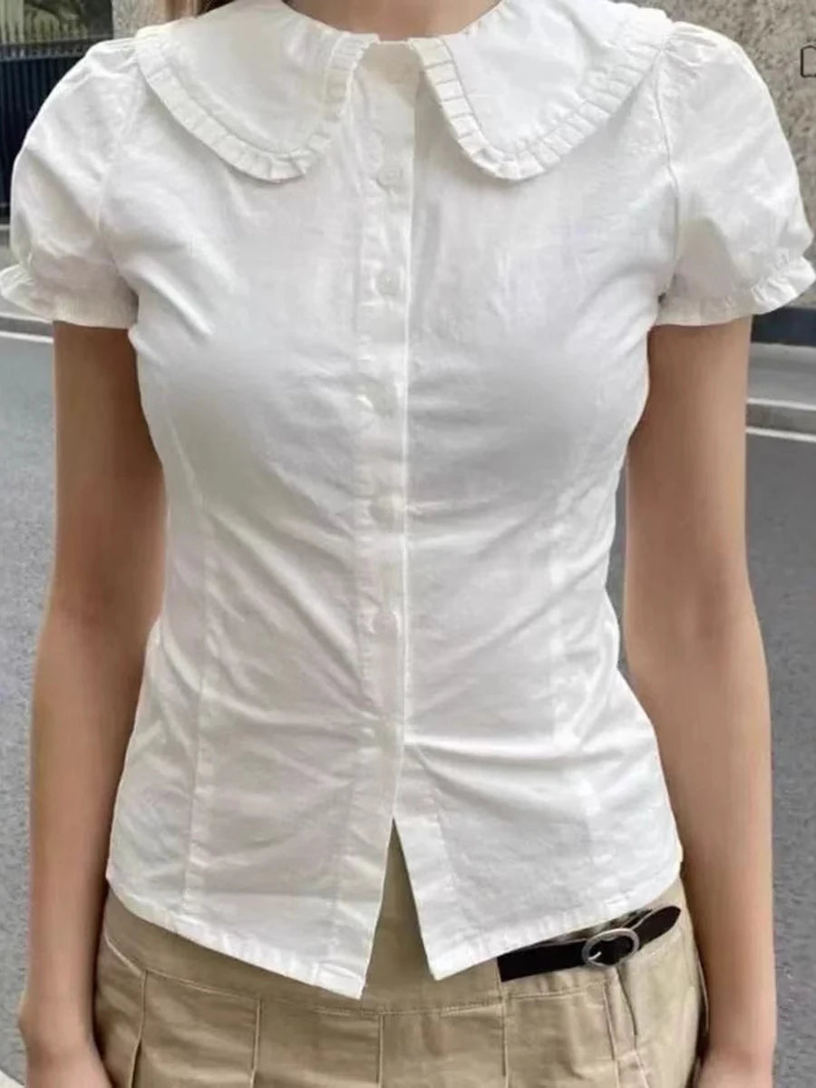 Blue Striped Button Blouse Women Summer New Streetwear Casual Lapel Short Sleeve Tees Sweet Cute Preppy Style T-shirts Y2K Tops