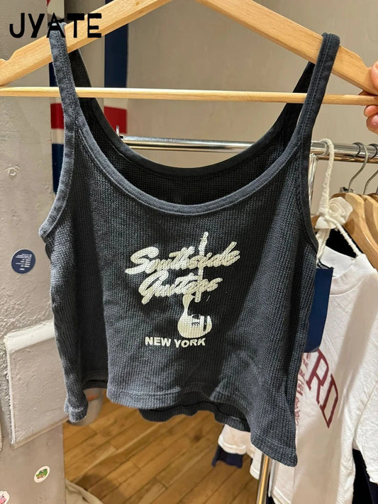 Harajuku Guitar Print Cotton Ribbed Tank Tops Women Casual Slim Classic Black U-neck Cropped Vests Vintage Chic Simple Camisole