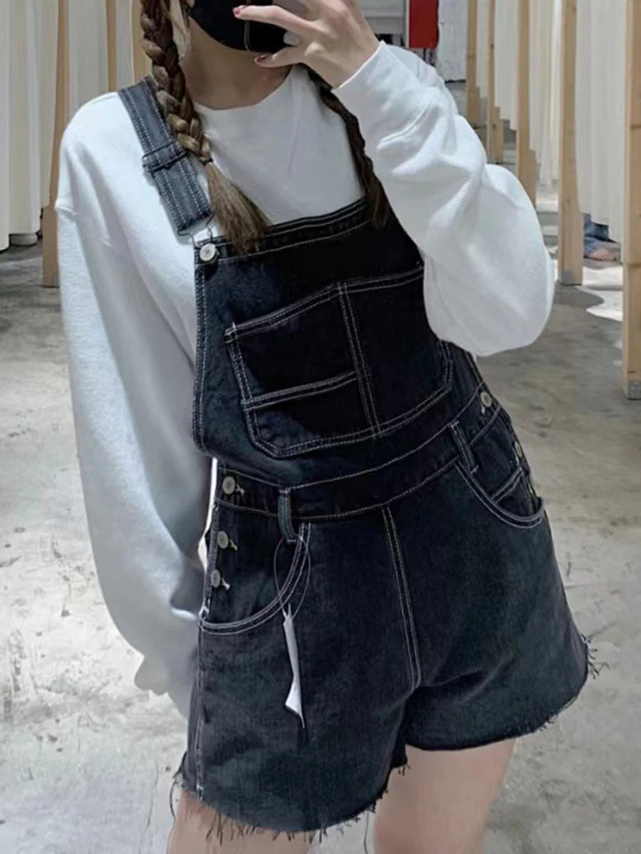 Vintage Navy Raw Hem Denim Overalls Women Summer Casual High Waist Pockets Straight Short Pants Streetwear Preppy Style Shorts