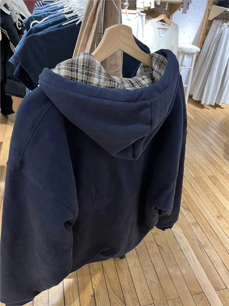 Plaid Print Thick Hoodie Coat Women Autumn Pockets Zip-up Drawstring Classic Pullover Tops Vintage Harajuku Y2K Chic Sweatshirts