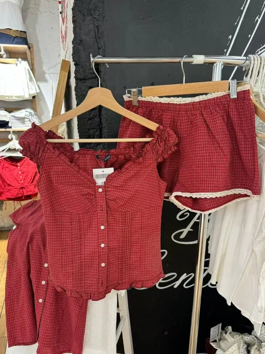 Red Plaid Ruffle Tank Shorts Sets Women V-neck Fold Slim Camisole+Loose Sweatshorts Cute Sweet Vintage Home 2 Piece Outfits New