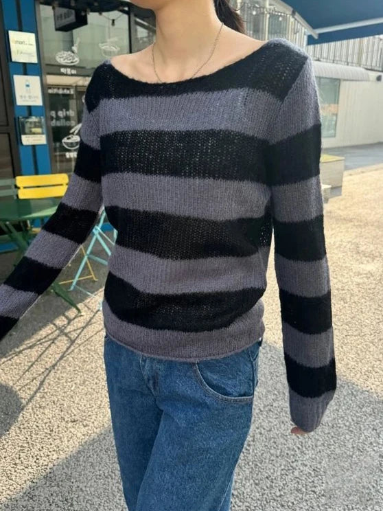 Sweetwear Striped Knitted Long Sleeve T-Shirt Women Autumn Scoop Neck Cotton Thin Smock Vintage Sweet Preppy Style Tee Tops Y2K