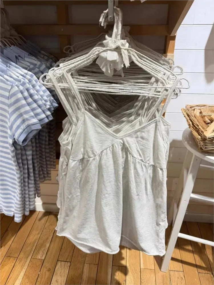Sweet Raw Hem V-neck Long Camisole Women Sexy Light Grey Backless Cotton Tank Top Female Casual Simple Basic Vest Y2k Tops New