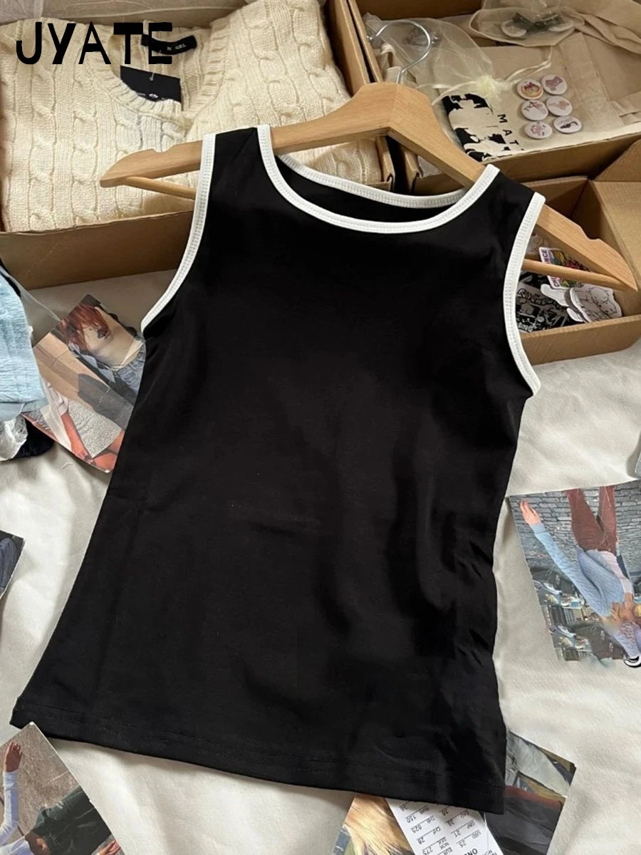 Harajuku Patchwork Black Slim Tank Tops Women New Cotton Casual Round Neck Sleeveless Crop Top Female Vintage Chic Basic Vests
