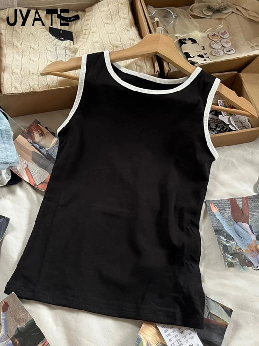 Harajuku Patchwork Black Slim Tank Tops Women New Cotton Casual Round Neck Sleeveless Crop Top Female Vintage Chic Basic Vests