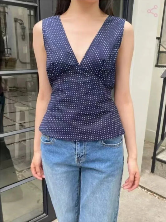 Vintage Polka Dot Sexy Deep V-neck Tank Tops Women Summer New Cotton Lace-up Slim Sleeveless Tees Retro Streetwear Sweet Vests