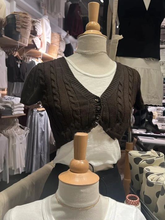 Twist Flower Cropped Cardigan Woman V-neck Single Breasted Short Sleeve Knitted Crop Tops Autumn Sweet Cotton Knitwear y2k
