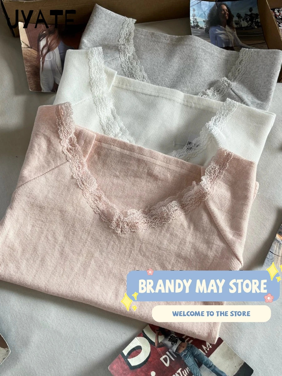 Lace Trim Pink V-neck T-shirts Women Cotton Ribbed Slim Casual Preppy Style Short Sleeve Tees Femme Vintage Sweet Cute Tops Y2K