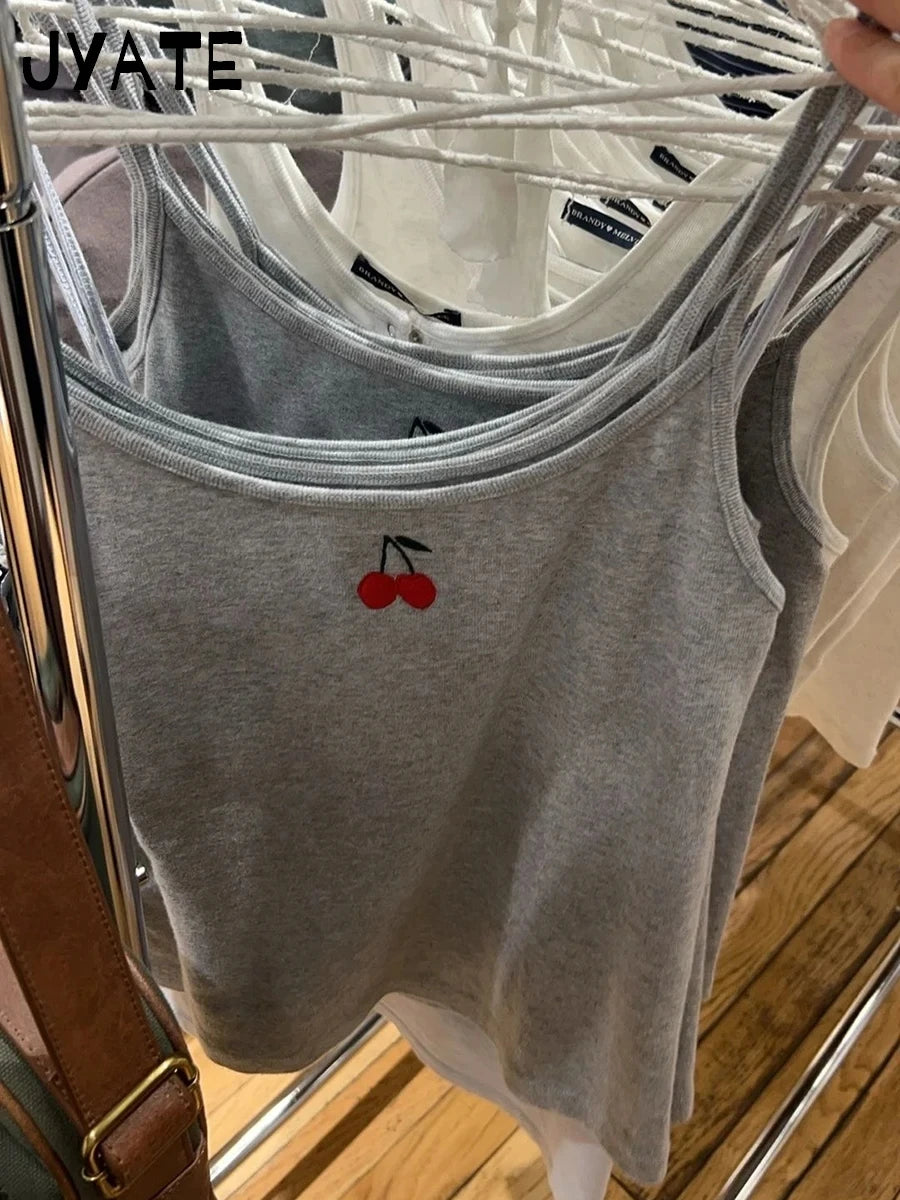 Cute Cherry Embroidery Slim Tank Tops Women Summer New Cotton Soft Casual Sleeveless Cropped Vests Sweet Preppy Style Camis Y2K