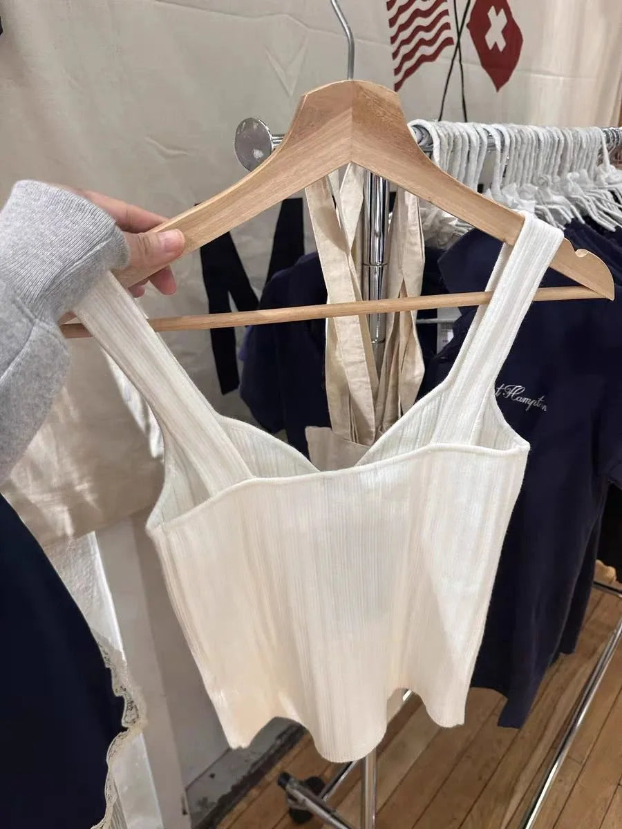 Casual White Knitted V-neck Slim Crop Top Woman Simple Sleeveless Cotton Cropped Camisole Female Basic Cute All-match Tank Tops