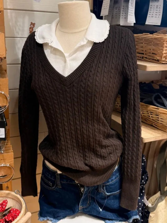 Brown Twisted Flower Sweater Spring Deep V-neck Raw Hem Long Sleeve Pullover Top Vintage Casual Preppy Style Woman's Jumpers