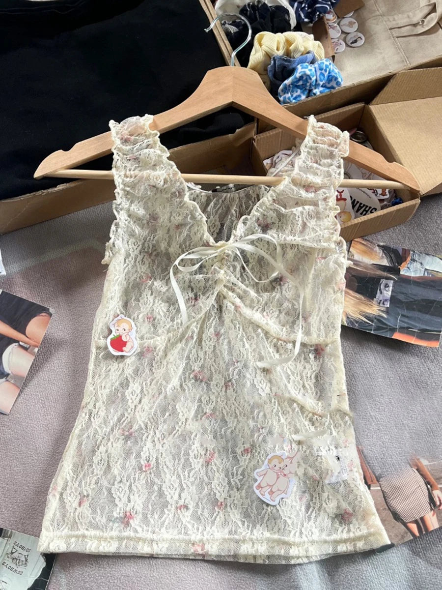 Sexy Lace See Through Bow V-neck Tank Tops Women Summer New Slim Casual Streetwear Black Crop Top Harajuku Chic Y2K Vest Clothes