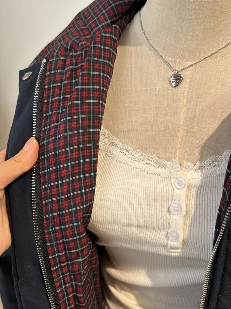 Vintage Internal Red Plaid Zipper Flight Jacket Women Autumn Cotton Warm Thick Stand Collar Jackets Chic Simple Loose Tops Y2K