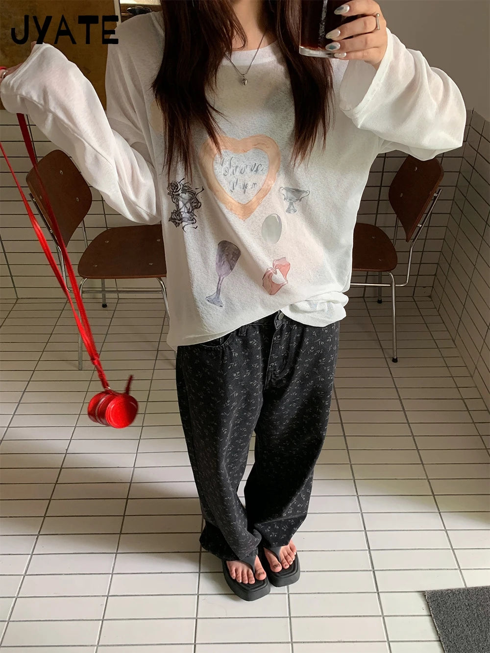Sweet Graphic Print Long Sleeve Tees Smock Women New Casual White Thin O-neck Tops Clothes Vintage Cute Preppy Style T-shirts