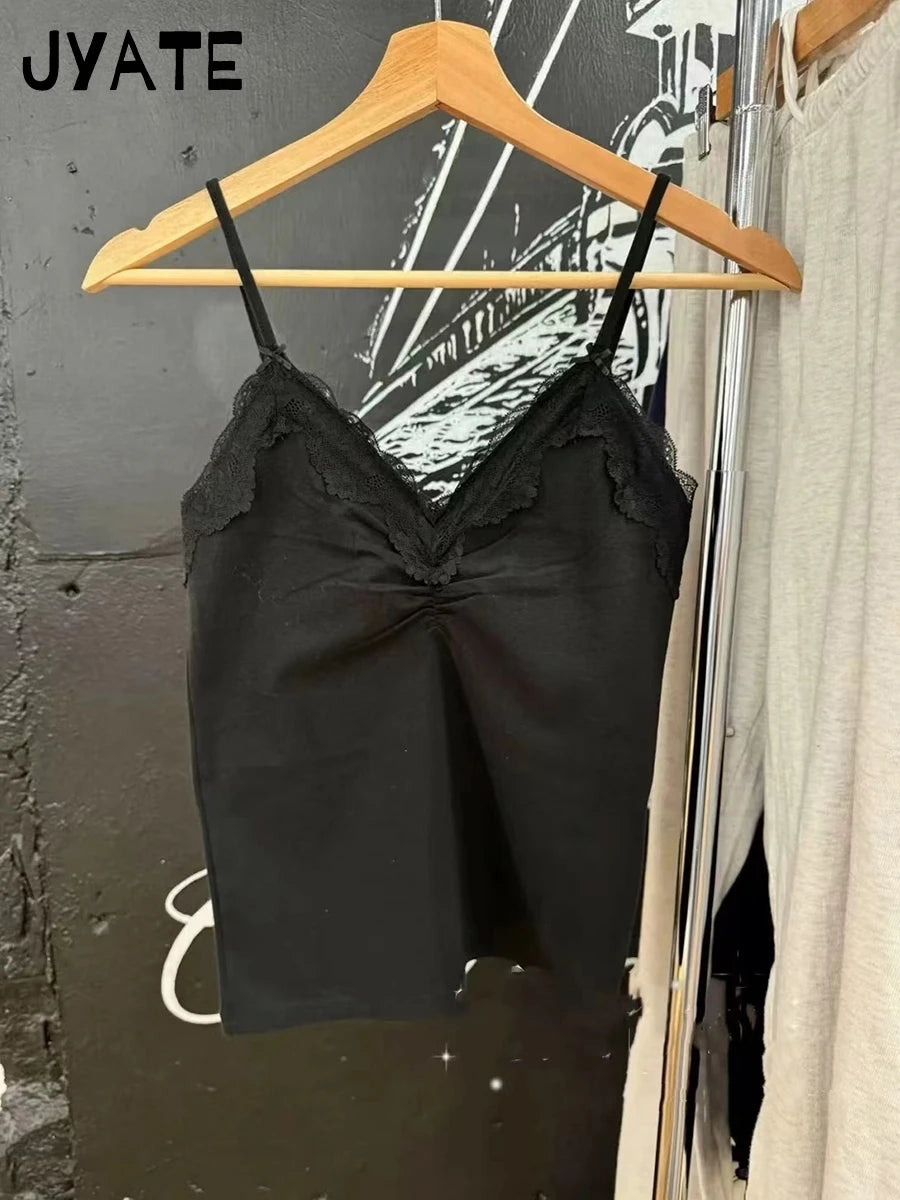 Sexy Lace Trim Slim Black Tank Tops Women Summer New Sweet Cotton Simple Sleeveless Vest Female Preppy Style Basic Crop Top Y2K