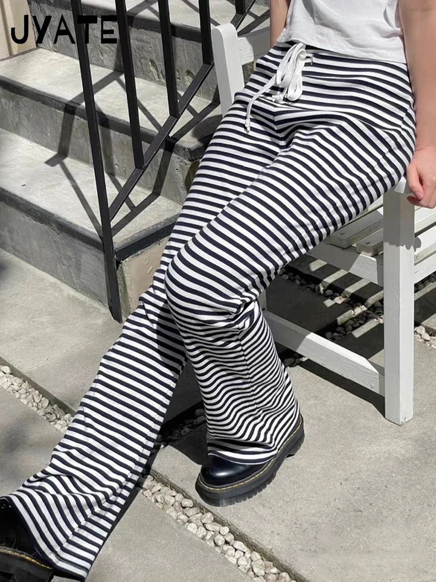 Vintage Classic Striped Drawstring Wide Leg Pants Women Cotton Soft High Waist Casual Sweatpant Harajuku Chic Sweet Trousers Y2K