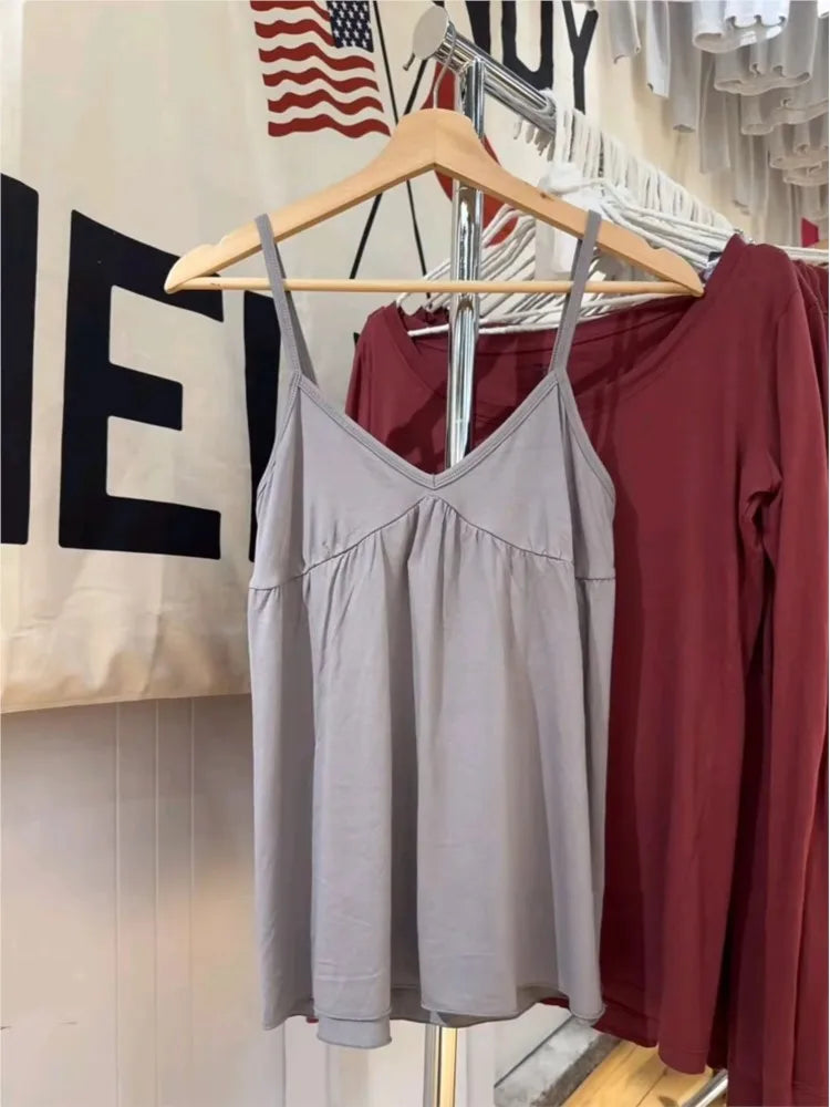 Retro V-neck Gray Camisole Women Summer Casual All-match Streetwear Loose Sleeveless Vests American Simple Camis Y2K