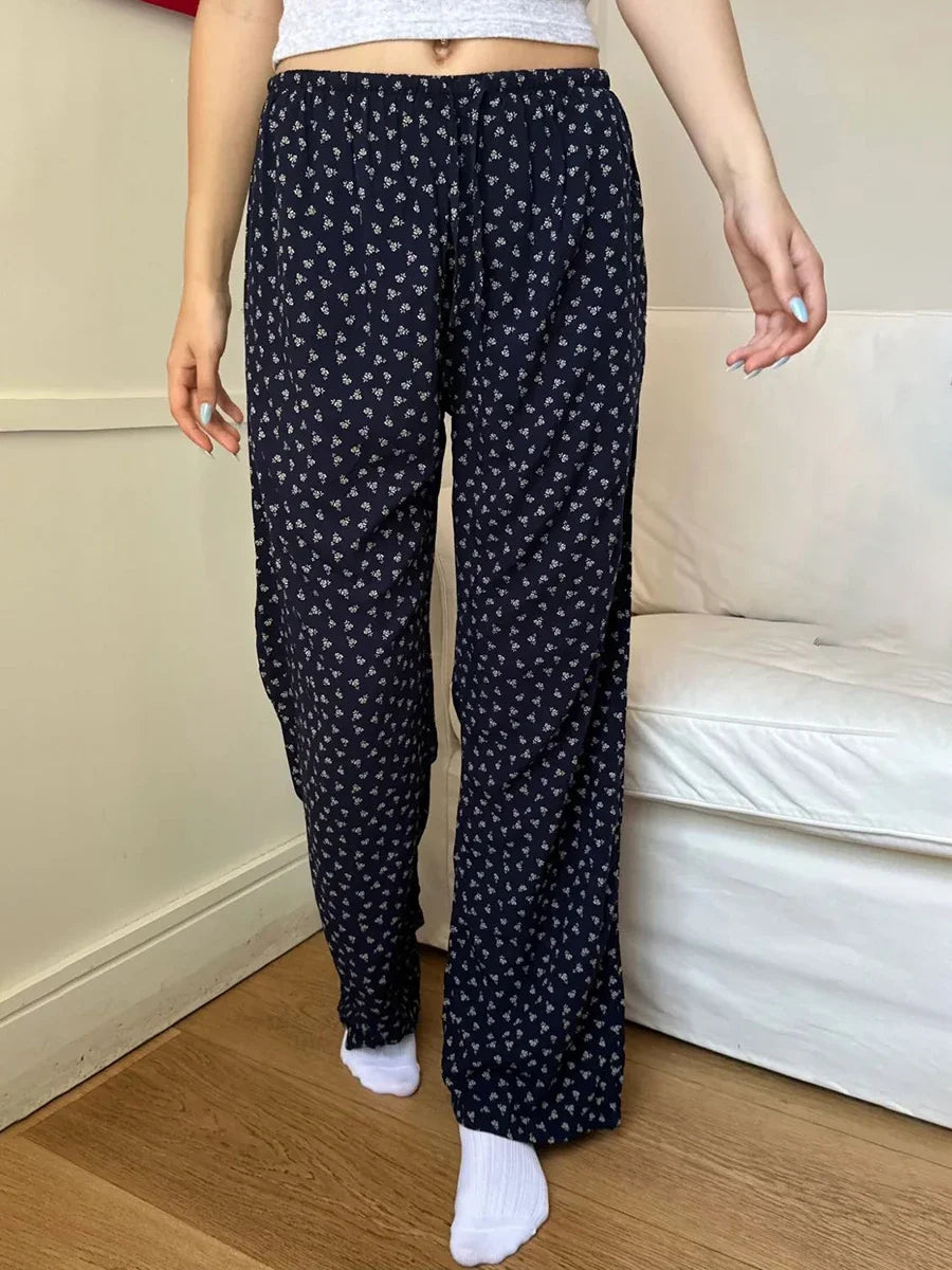 Floral Navy Drawstring Long Pants Women Summer High Waist Cotton Loose Straight Sweatpant Y2k Casual Sweet Streetwear Trousers