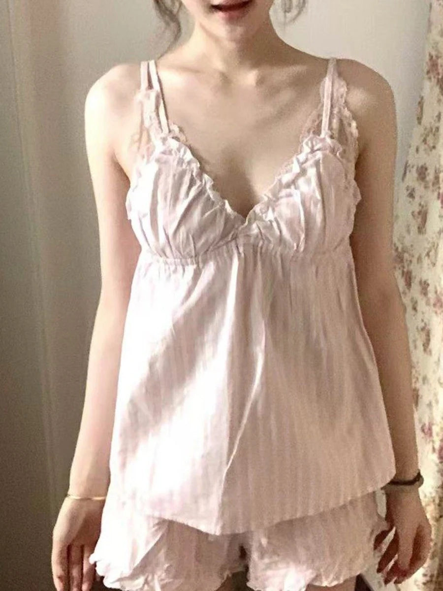 Pink Tshirt Pant Sets Women Summer Casual Lace Trim T-shirts+Fungus Short Pants Sweet Cute 2 Piece Outfits Clothes