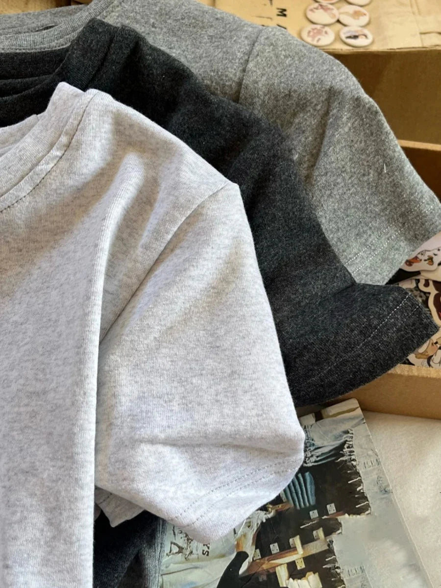Solid O-neck Short Sleeve Tees Women Summer Casual Slim Simple Basic Cotton Soft T-shirts Preppy Style All-match Tops Y2K