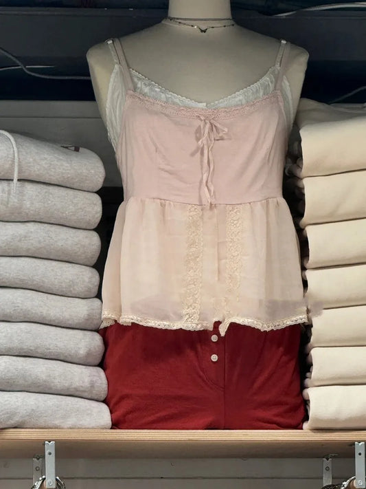 Pink Square Neck Halter Strap Camisole Women Summer Cotton Lace Trim See-through Sleeveless Vests Sweet Vintage Chic Tank Tops