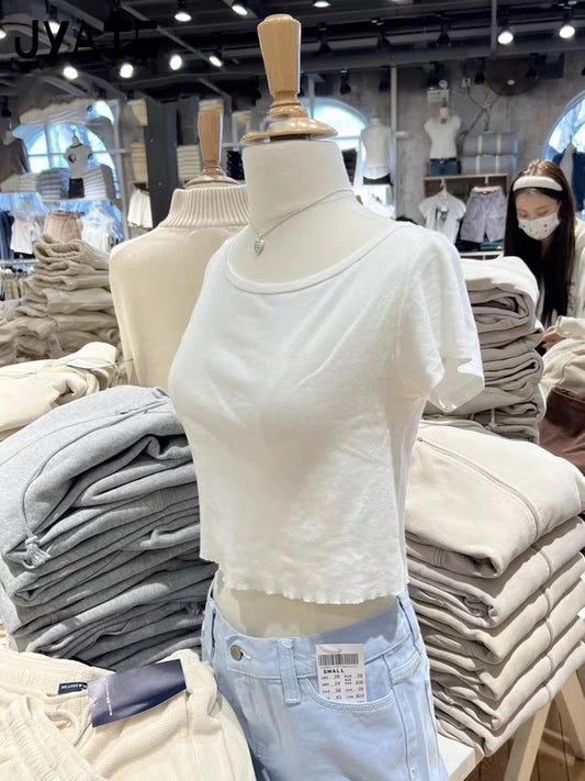 White Raw Hem Simple Crop Tops Women 2024 New Cotton Casual Cute Preppy Style Short Sleeve Tees Vintage Basic Chic T-shirts Y2K