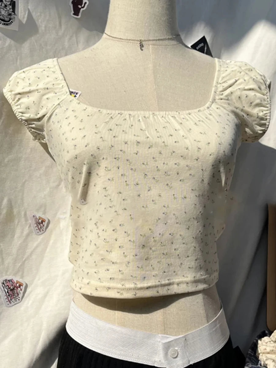 Mint Green Folds Slim T-shirts Women Summer Vintage Square Collar Cotton Puff Sleeve Tees Female Aesthetic Sweet Cute Y2K Tops