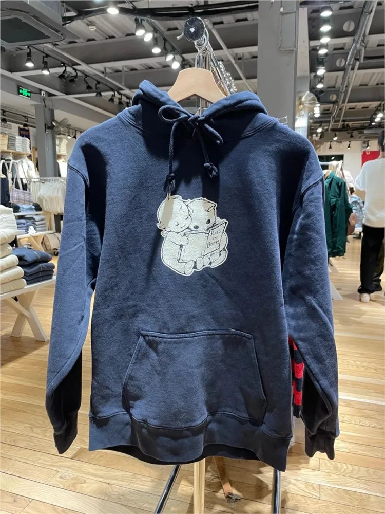 New Sweet Cute Little Bear Embroidery Beige Loose Hoodies Women Pocket Streetwear Cotton Pullover Tops Vintage Chic Sweatshirts