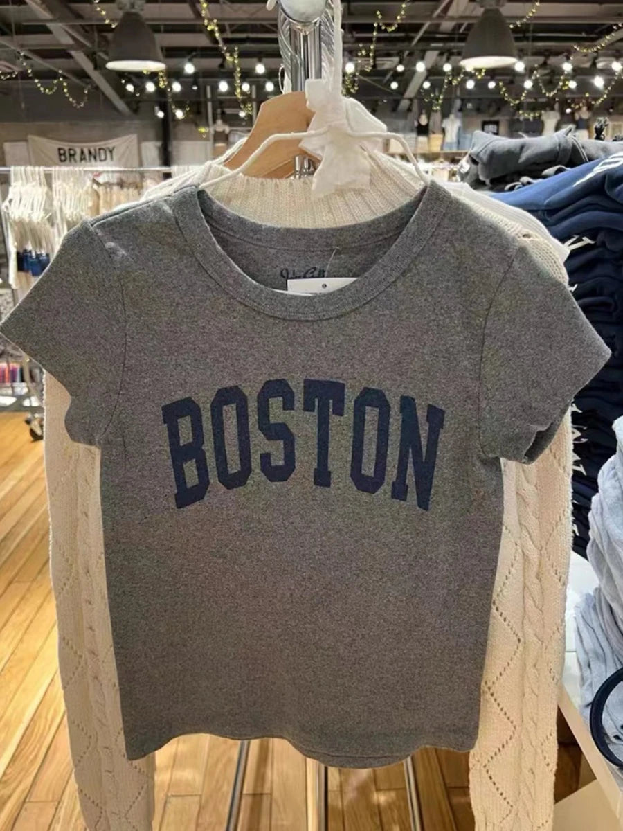 Fashion Letter Print Short Sleeve Tee Women New Casual O-neck Solid Streetwear Retro T-shirts Harajuku Vintage Chic Y2K Crop Top