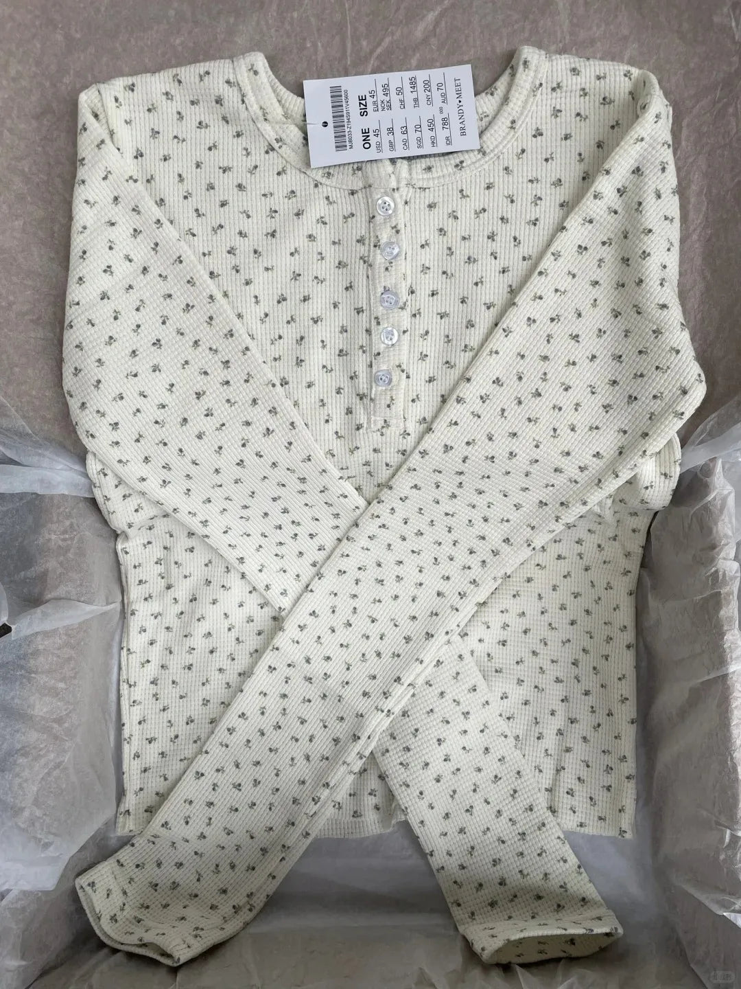 Floral Print Waffle T-Shirt Women Autumn Buttons Round Neck Cotton Slim Long Sleeve Tee Top Vintage Cute Preppy Style Y2K Tshirt